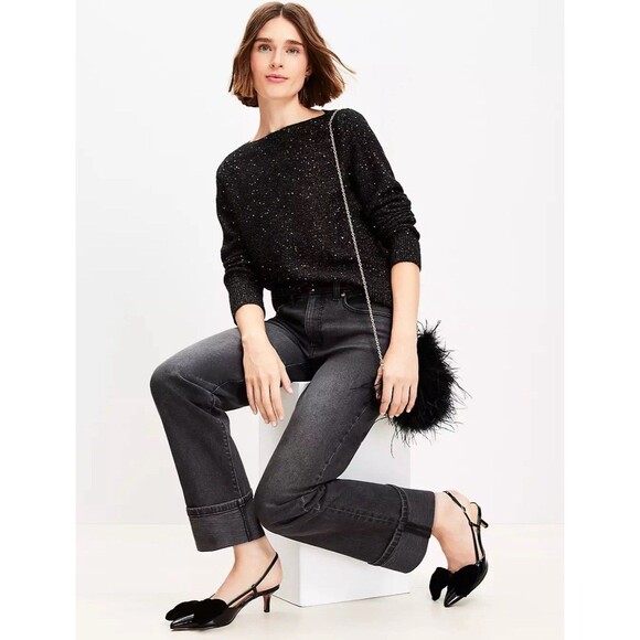 LOFT Sweaters - NWT Loft Sequins Boat Neck Ribtrim Sweater Black/Gold Party Holiday-M
